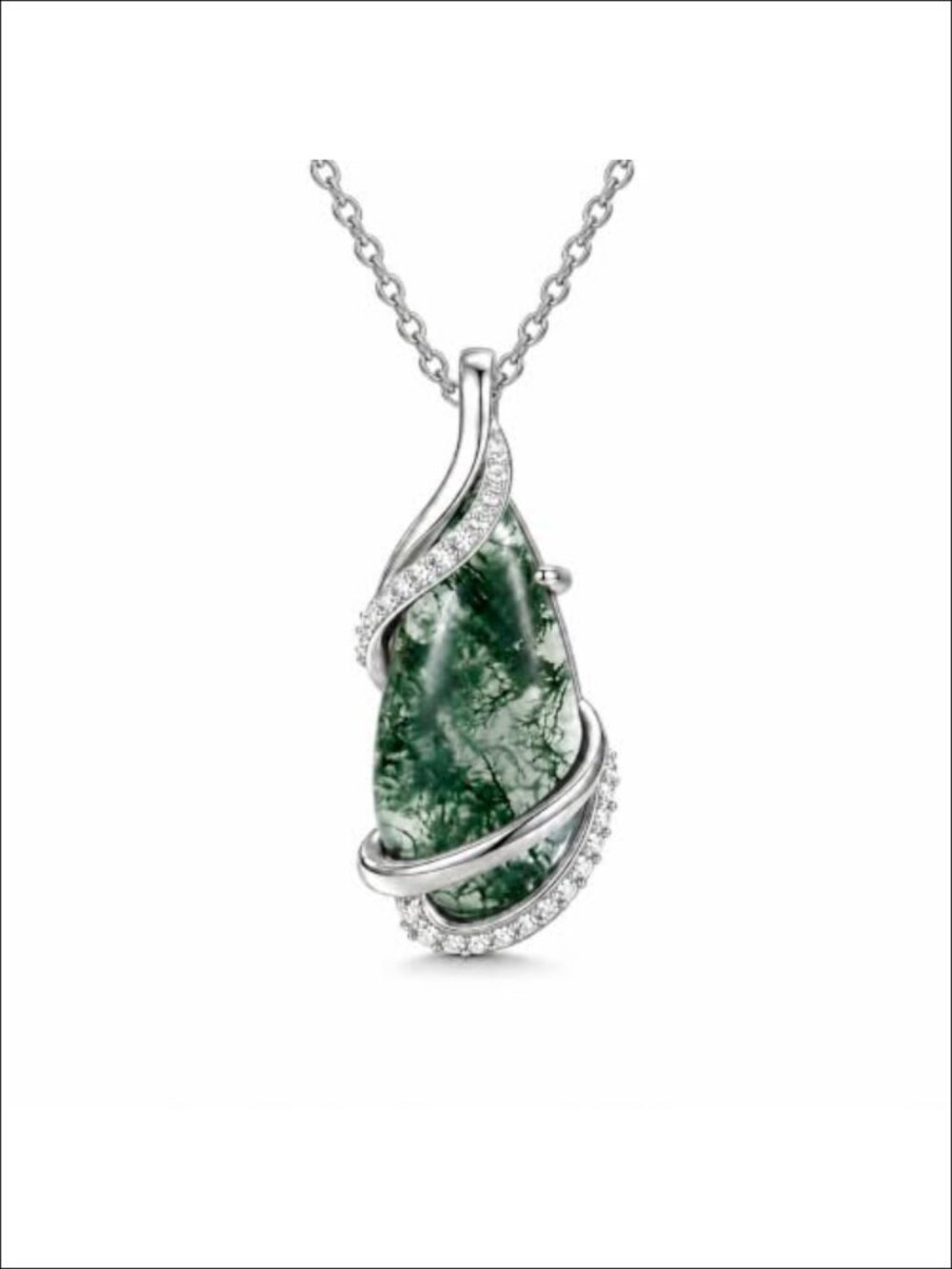 14K White Gold Plated Teardrop Moss Agate Pendant Necklace for Women
